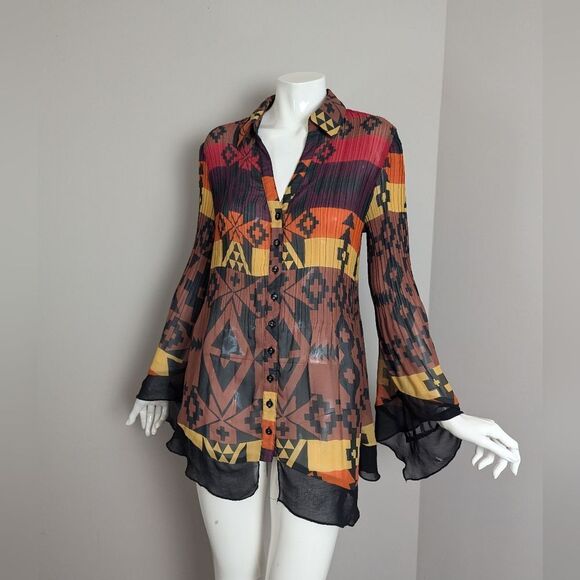 Point Zero Nicole Benisti Vintage Sheer Blouse – Tribal Print Pleated Top – Size - Picture 4 of 12